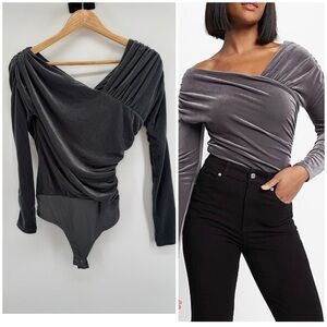Body Contour Smokey Gray Velvet Off Shoulder Asymmetrical Wrap Thong Bodysuit M